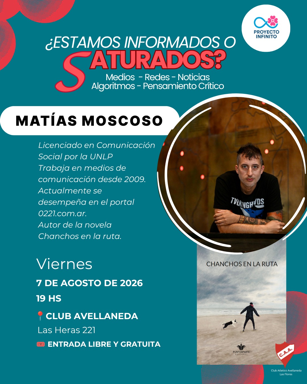 Matías Moscoso presentará Chanchos en la ruta en Las Flores y debatirá sobre periodismo, medios y redes